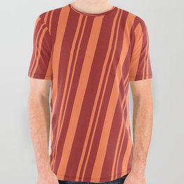 [ Thumbnail: Brown and Coral Colored Pattern of Stripes All Over Graphic Tee ]