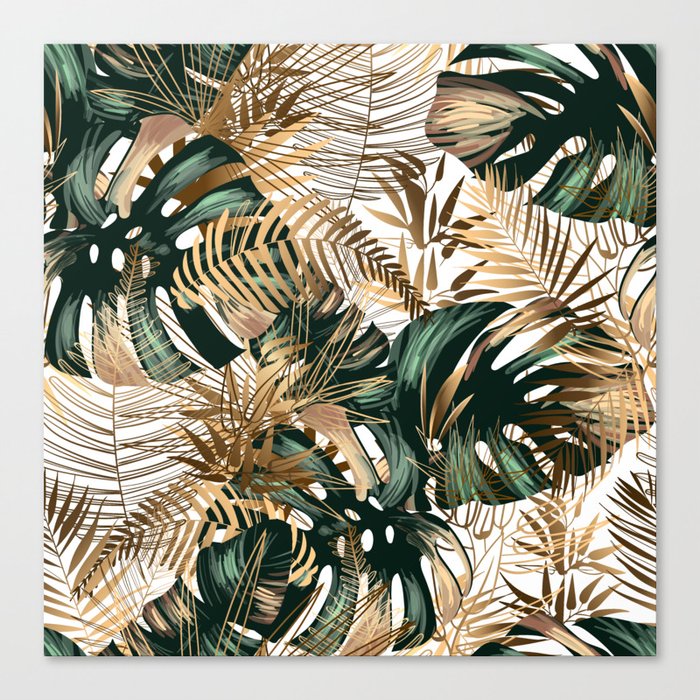 Golden and green tropical leaves on a white background. Seamless pattern in the style of Hawaii. Botanical background. Canvas Print