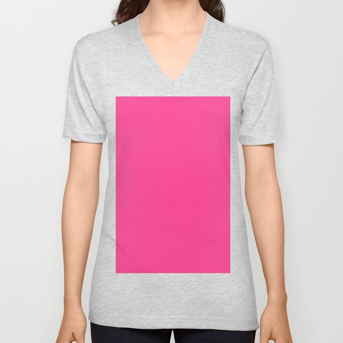 French Fuchsia Solid Color Block V Neck T Shirt