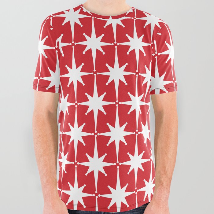 Midcentury Modern Atomic Starburst Pattern in Red and White All Over Graphic Tee