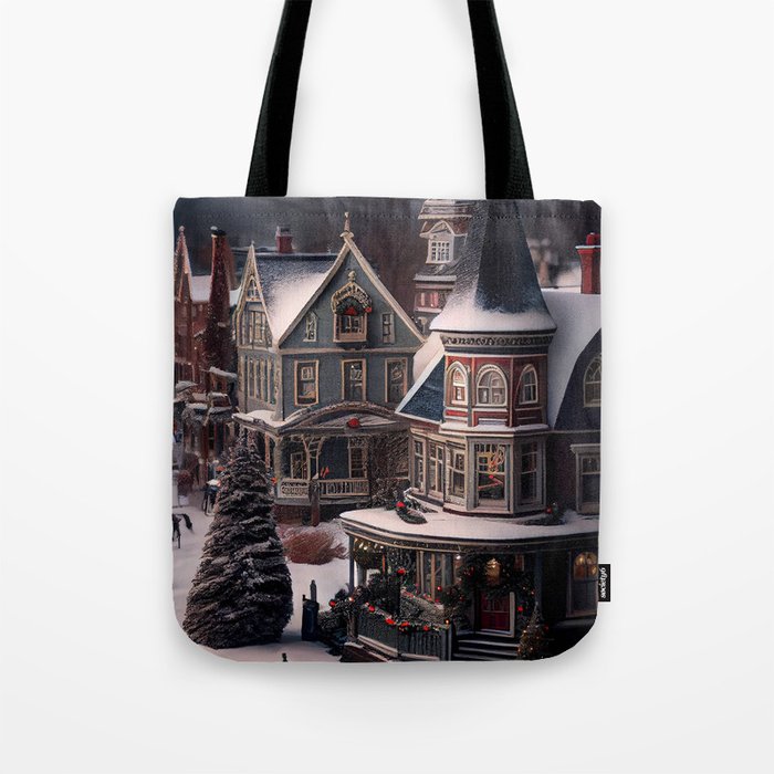 Queen Anne Victorian house with porch and turret and idyllic storybook winter neighborhood scene landscape painting by Prompart Tote Bag