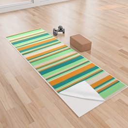 [ Thumbnail: Green, Dark Cyan, Dark Orange, and Beige Colored Stripes Pattern Yoga Towel ]