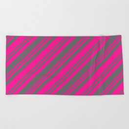 [ Thumbnail: Deep Pink & Dim Grey Colored Lined Pattern Beach Towel ]