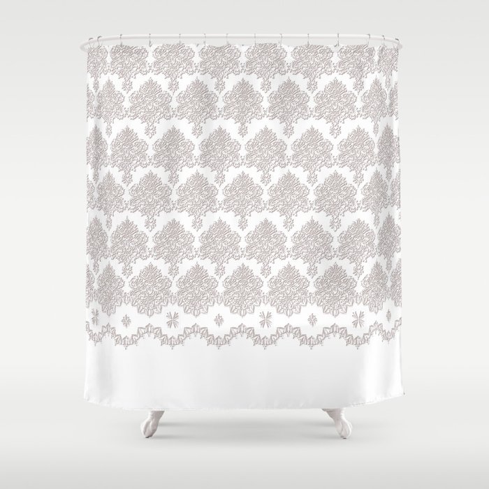 Off White Damask Chenille With Lace Edge Shower Curtain By