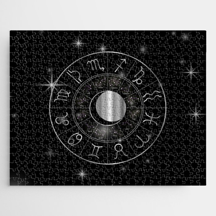 Zodiac astrology wheel Silver astrological signs with moon and stars Jigsaw Puzzle