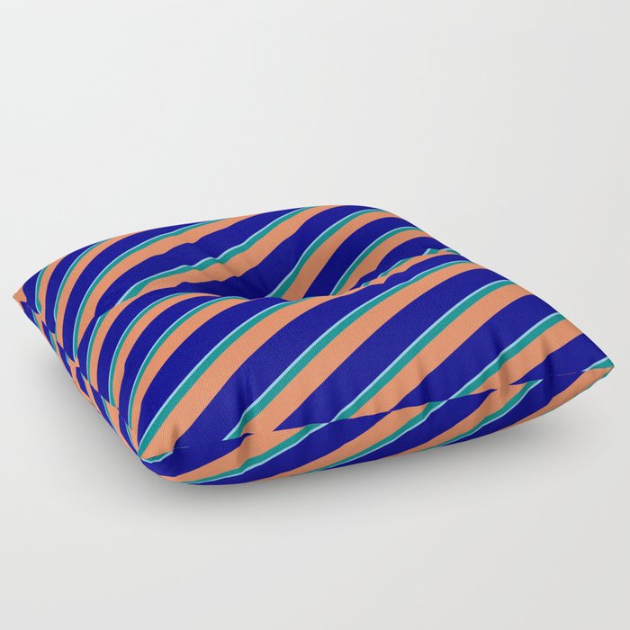 Light Sky Blue, Teal, Coral, and Blue Colored Stripes Pattern Floor Pillow