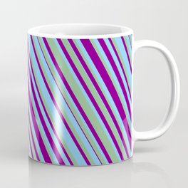 [ Thumbnail: Purple, Light Sky Blue & Dark Sea Green Colored Lined/Striped Pattern Coffee Mug ]