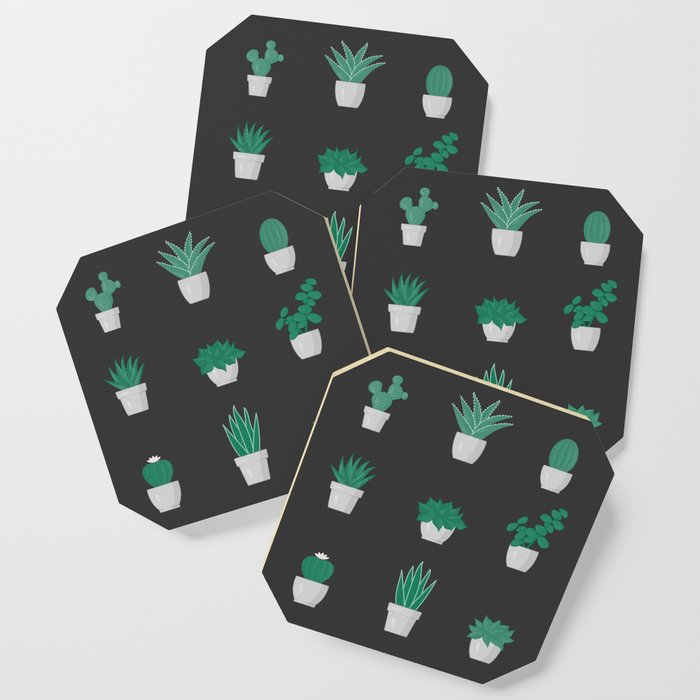 Cacti and Succulents Pattern on dark background Coaster