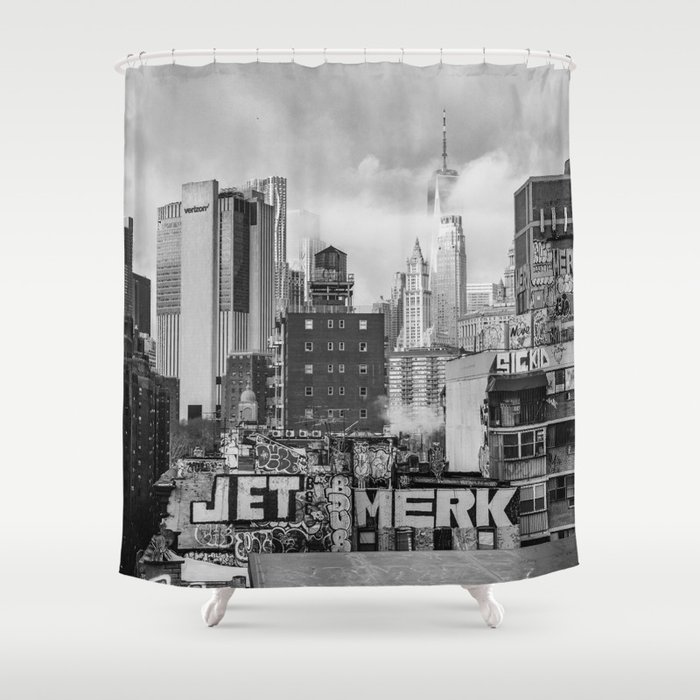 New York City Skyline Black and White Lower Manhattan Shower Curtain