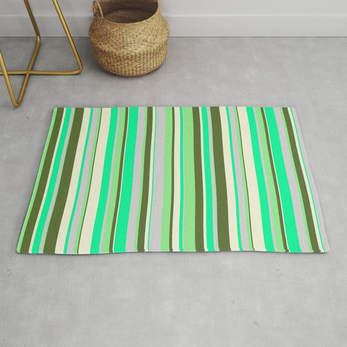 Vibrant Green, Light Grey, Light Green, Dark Olive Green, and Beige Colored Stripes/Lines Pattern Rug