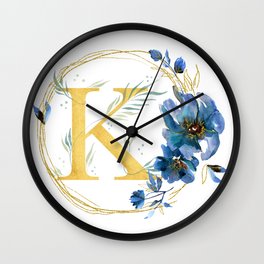 Letter K Golden With Watercolor Flowers Initial Monogram Wall Clock | Watercolor, Floral, K, Personalized, Botanical, Monograms, Letter, Florals, Gifts, Text 