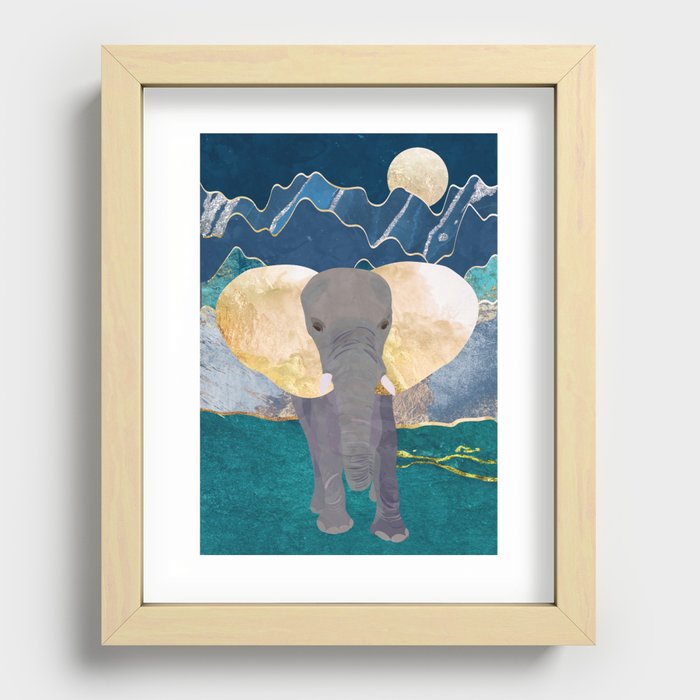 Majestic Golden Elephant with Mountains Recessed Framed Print