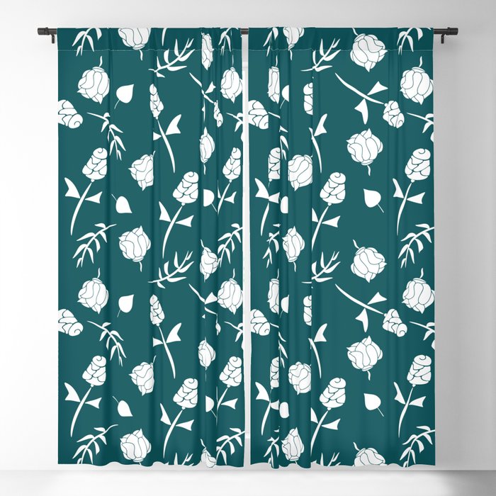 Dark Teal And White Floral Pattern Blackout Curtain By