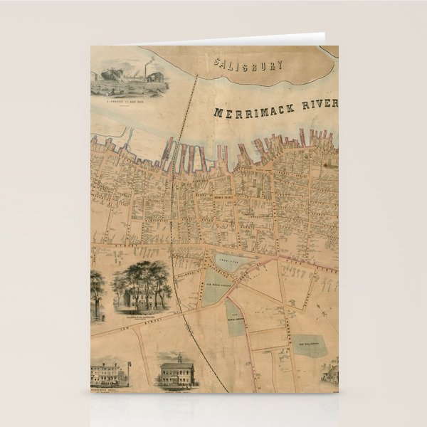 Vintage Map of Newburyport MA (1851) Stationery Cards by BravuraMedia Society6