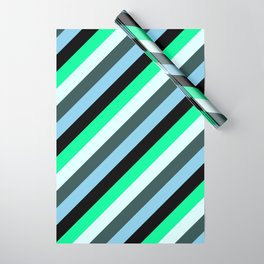 [ Thumbnail: Vibrant Green, Light Cyan, Dark Slate Gray, Sky Blue & Black Colored Pattern of Stripes Wrapping Paper ]