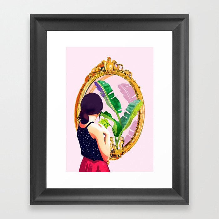 Soul Mirror, Instrospection Mindful Mood Illustration, Tropical Banana Leaves Woman Portrait Gold Framed Art Print