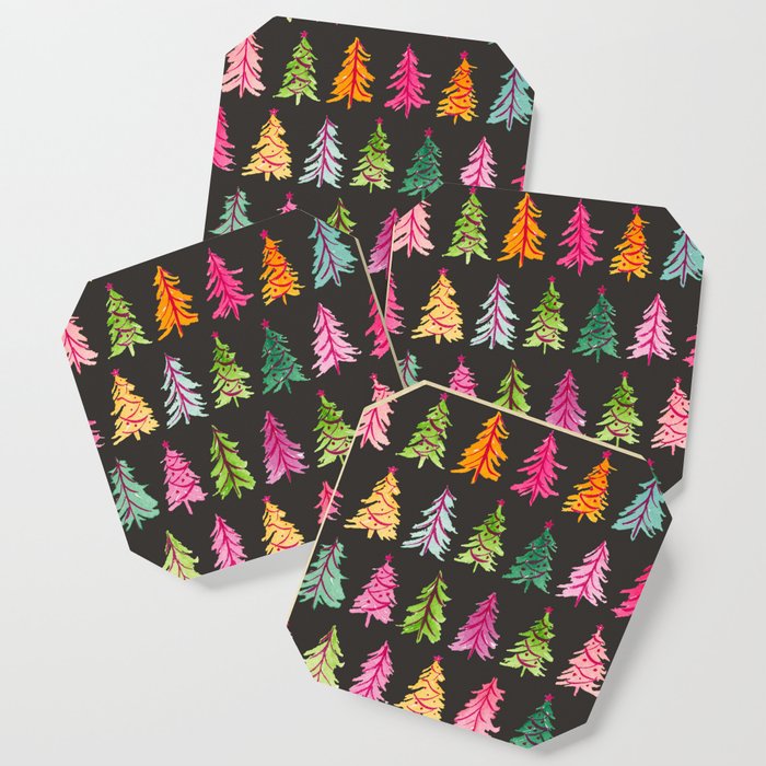 Colorful Vintage Bottlebrush Christmas Trees on Black Coaster