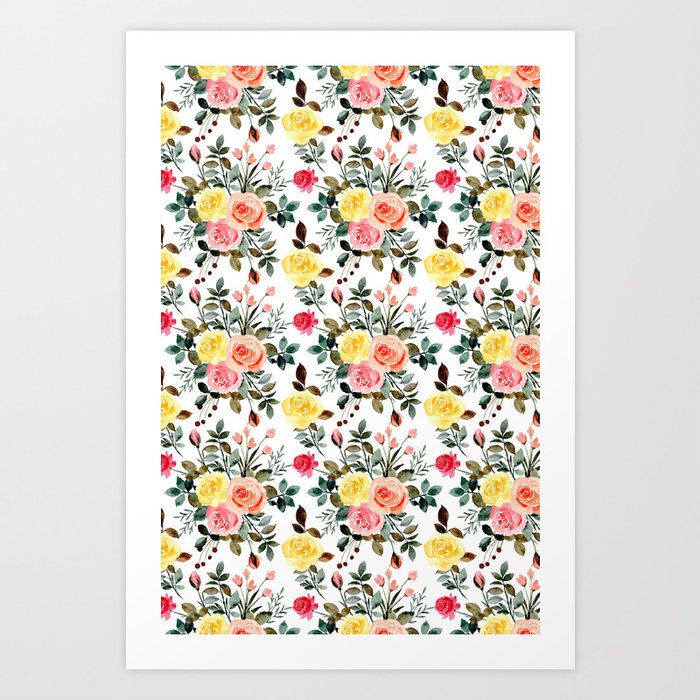 Red Pink and yellow watercolor rose Art Print