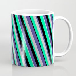 [ Thumbnail: Dark Slate Blue, Grey, Green, and Black Colored Lines/Stripes Pattern Coffee Mug ]