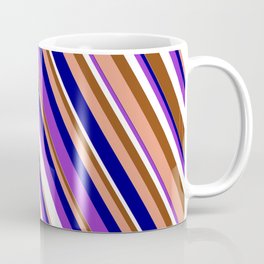 [ Thumbnail: Eye-catching Dark Orchid, White, Brown, Dark Salmon & Blue Colored Stripes Pattern Coffee Mug ]