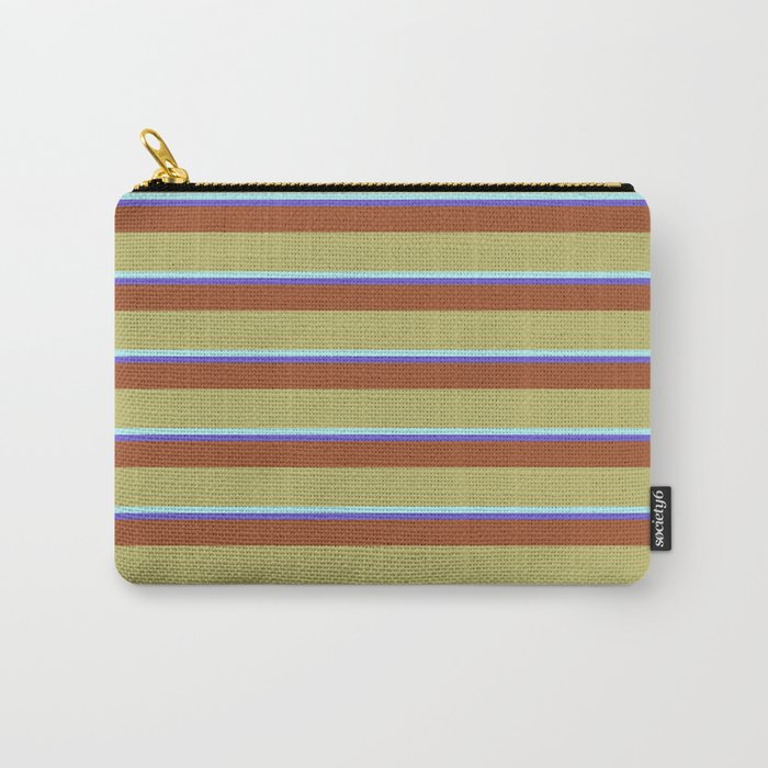 Slate Blue, Sienna, Dark Khaki & Turquoise Colored Stripes Pattern Carry-All Pouch