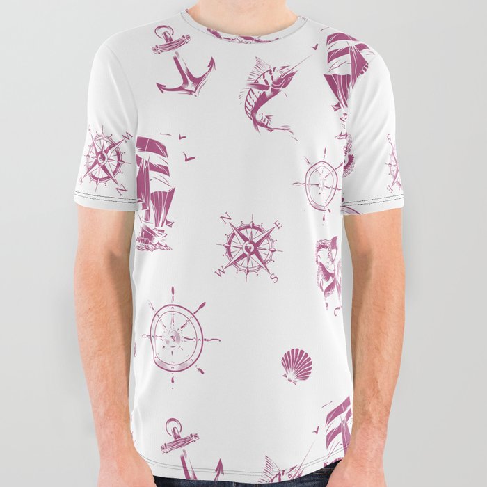 Magenta Silhouettes Of Vintage Nautical Pattern All Over Graphic Tee