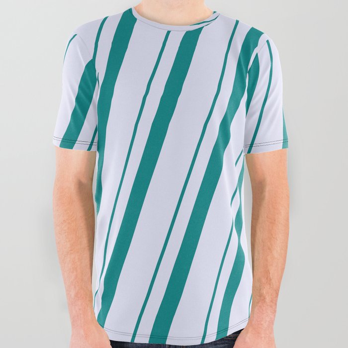 Teal & Lavender Colored Lines/Stripes Pattern All Over Graphic Tee