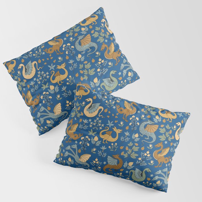 Dragons and Flowers on Classic Blue Pillow Sham