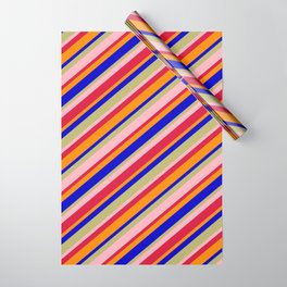 [ Thumbnail: Blue, Dark Khaki, Light Pink, Crimson & Dark Orange Colored Striped Pattern Wrapping Paper ]