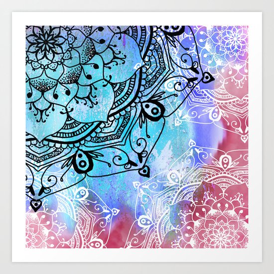 Bohemian Secret Blue & Pink Mandala Design Art Print