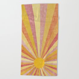 Shine On | Boho Sun Ray Design | Yellow and Pink Sunshine Illustration Beach Towel