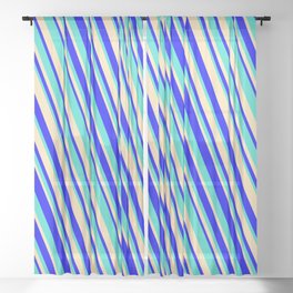 [ Thumbnail: Blue, Turquoise & Beige Colored Striped/Lined Pattern Sheer Curtain ]