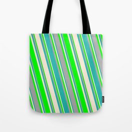 [ Thumbnail: Beige, Lime, Dark Gray, and Light Sea Green Colored Pattern of Stripes Tote Bag ]