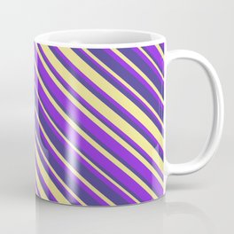 [ Thumbnail: Purple, Dark Slate Blue, and Tan Colored Striped Pattern Coffee Mug ]