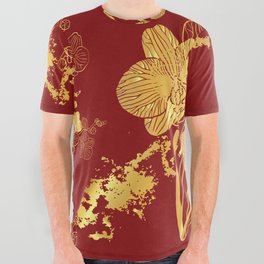 Gold & Maroon Floral Orchid Pattern All Over Graphic Tee