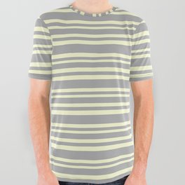 [ Thumbnail: Dark Grey & Light Yellow Colored Striped Pattern All Over Graphic Tee ]