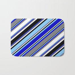 [ Thumbnail: Light Sky Blue, Blue, Gray, White, and Black Colored Striped Pattern Bath Mat ]
