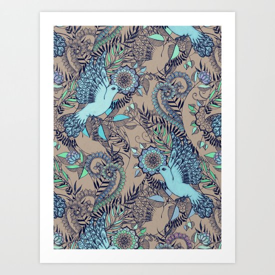 Flight of Fancy - aqua, mint, taupe Art Print