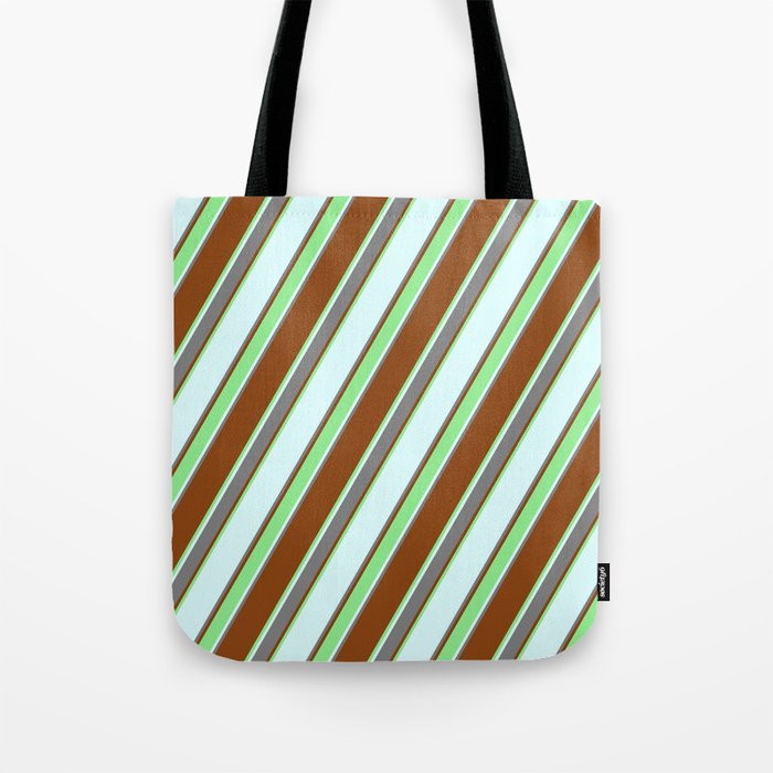 Brown, Light Green, Light Cyan, and Grey Colored Lined Pattern Tote Bag