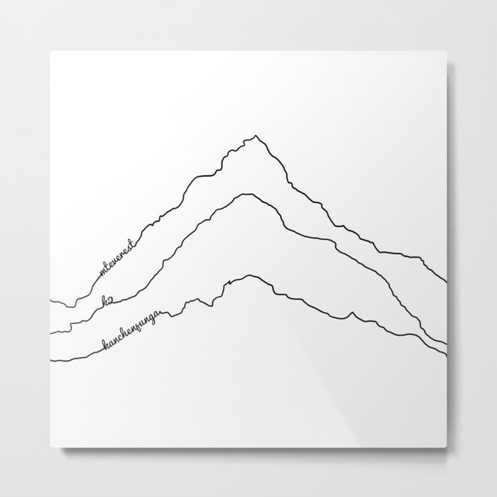 Tallest Mountains in the World B&W / Mt Everest K2 Kanchenjunga / Minimalist Line Drawing Art Print Metal Print