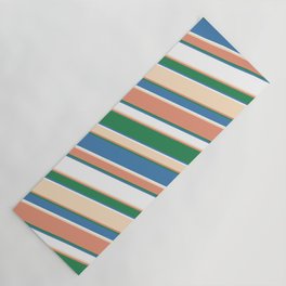[ Thumbnail: Eye-catching Dark Salmon, Sea Green, Blue, White, and Bisque Colored Stripes Pattern Yoga Mat ]