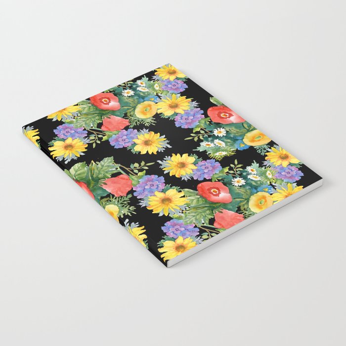 Summertime garden flowers watercolor seamless pattern on black background. Beautiful hand drawn texture. Romantic background Notebook
