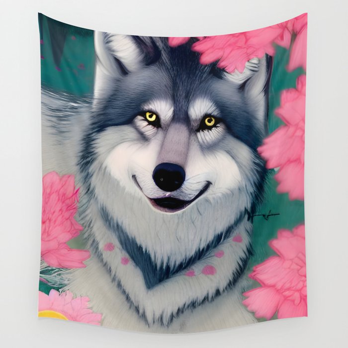 Wolf with Spring Flowers Wall Tapestry