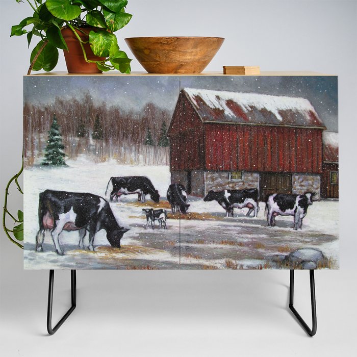 Holstein Dairy Cows in Snowy Barnyard; Winter Farm Scene No. 2 Credenza