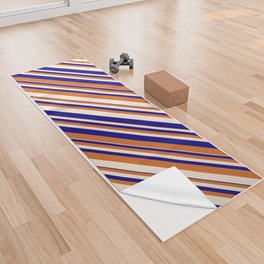 [ Thumbnail: Blue, Chocolate, and Beige Colored Lines/Stripes Pattern Yoga Towel ]