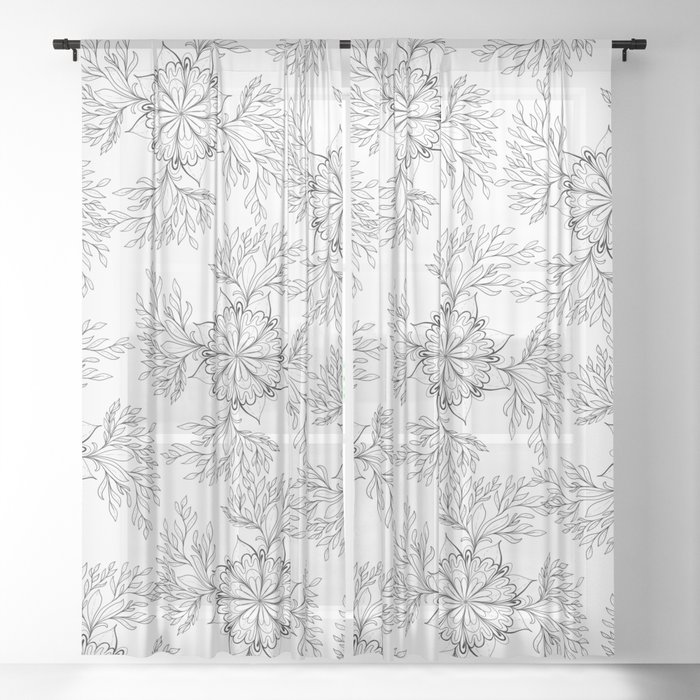 Hand Painted Black White Abstract Floral Mandala Sheer Curtain By