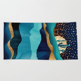 Indigo Desert Night Beach Towel | Gold, Graphicdesign, Dream, Abstract, Stars, Blue, Moon, Navy, Indigo, Digital 