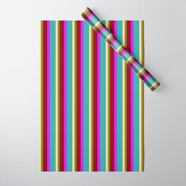 [ Thumbnail: Eyecatching Fuchsia, Light Sea Green, Tan, Green & Dark Red Colored Stripes Pattern Wrapping Paper ]
