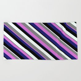 [ Thumbnail: Eye-catching Gray, Orchid, Midnight Blue, Black, and Mint Cream Colored Stripes/Lines Pattern Beach Towel ]