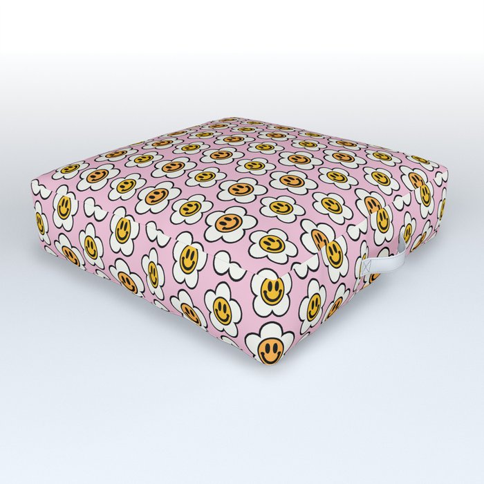 Bold And Funky Flower Smileys Pattern (Pink BG) Outdoor Floor Cushion